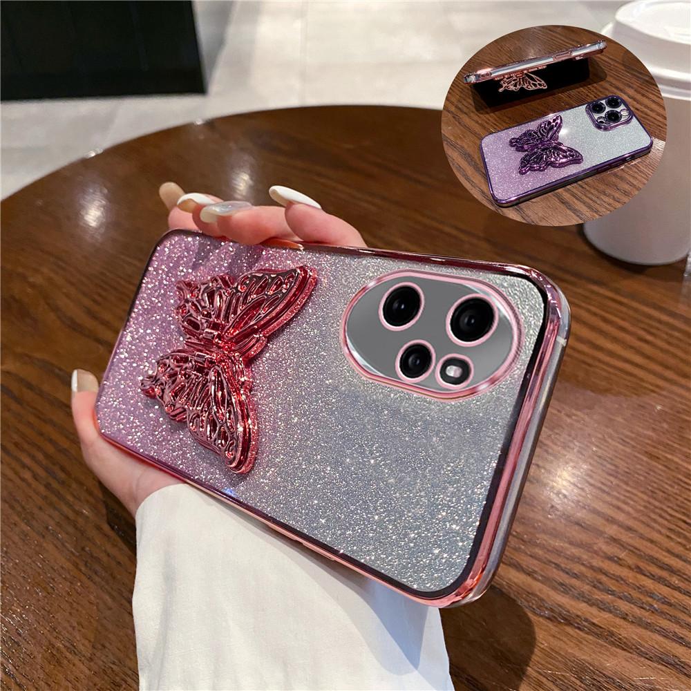 Luxury Plating Glitter Butterfly Bracket Case For Huawei Honor 200 Pro 100 90 80 70 Pro 50 60 SE 20 30 X8A 2023 Soft Stand Cover