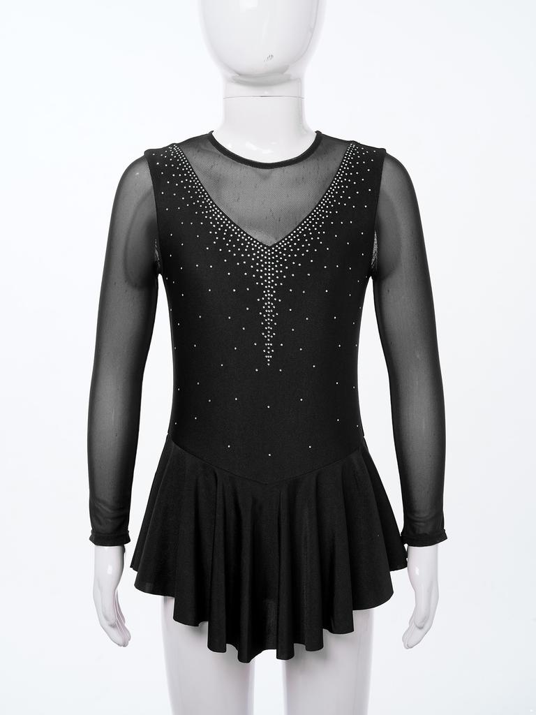 Kids Girls Shiny Dress Long Sleeve Hollow Back Gymnastic Leotard Roller Skater Ballet Dancewear