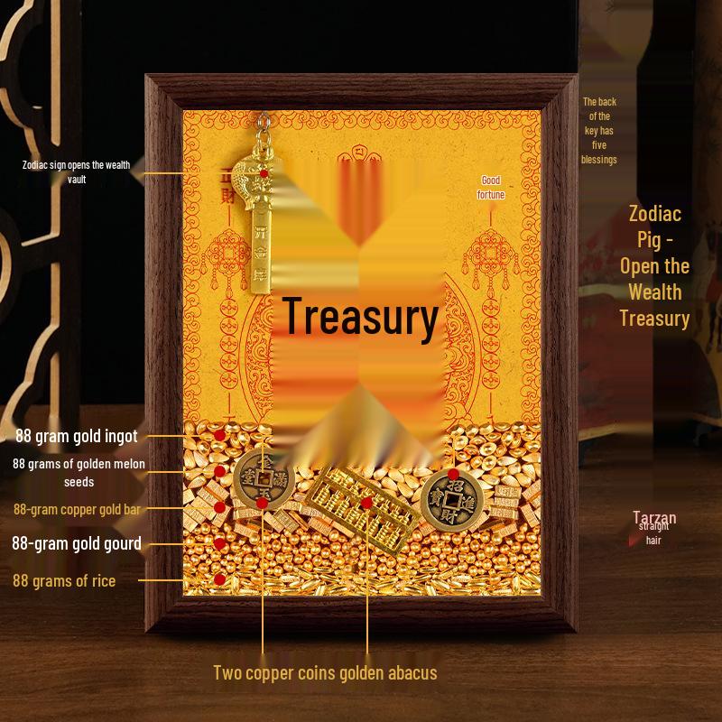 2025 Auspicious Open Wealth Photo Frame with Golden Key, Solid Wood Entrance Foyer, Zodiac Animals, Five Roads to Attract Wealth.