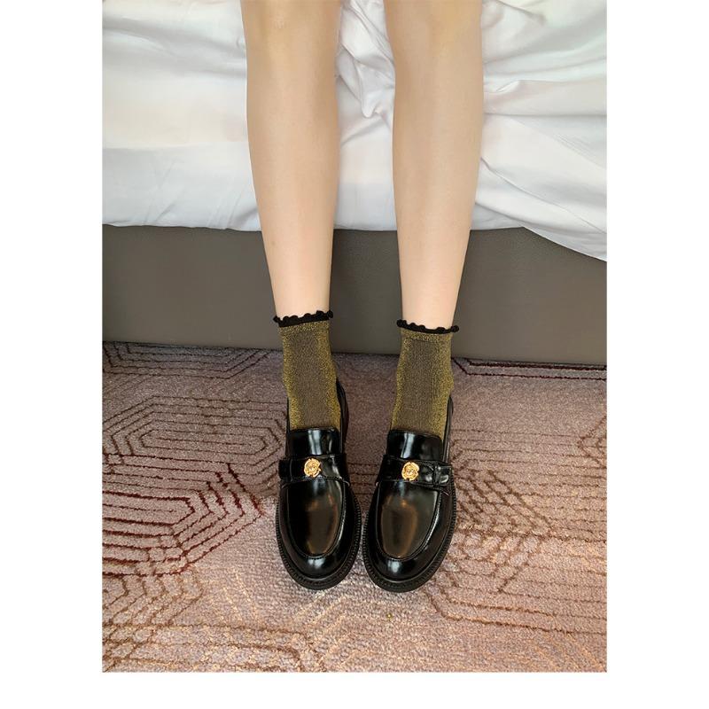 Whole cowhide~ thick-soled camellia small leather shoes, women's small gold buckle, one pedal, lazy with skirt, genuine leather