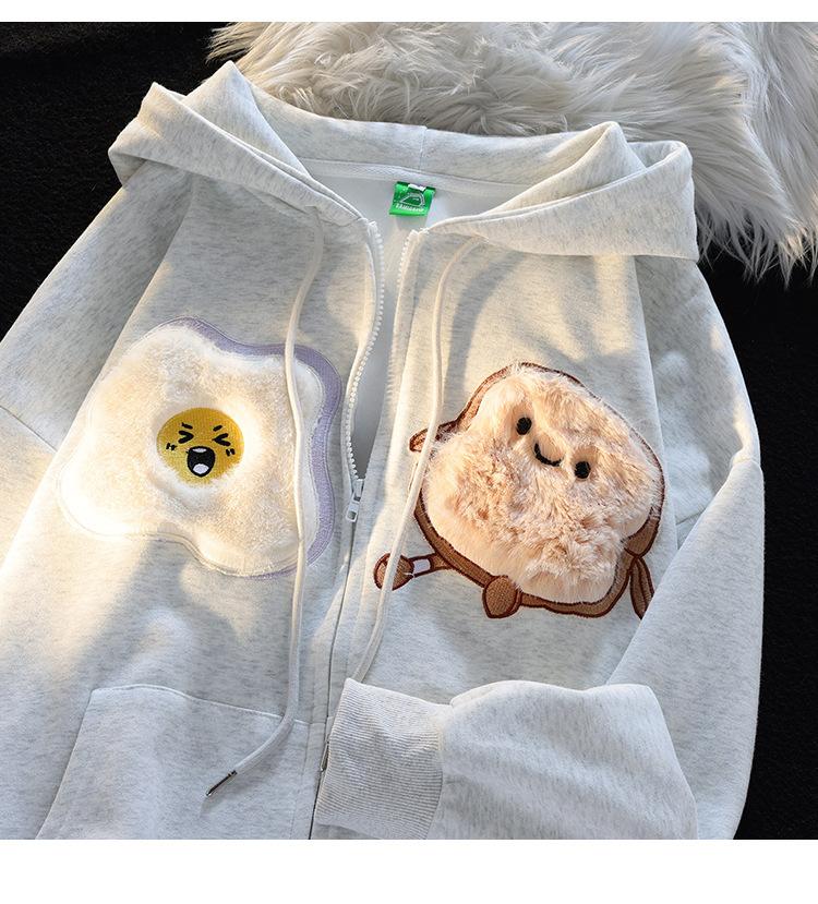 Японский ретро молочный мультяшный плюшевый вышитый кардиган-свитер женский свободный повседневный парный с капюшоном M