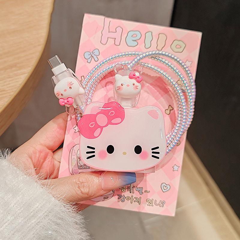Hello Kitty Ochranný kryt na nabíjecí a datový kabel pro Apple iPhone 18/20W nabíjecí chránič proti zlomení, sada navíječů datového kabelu