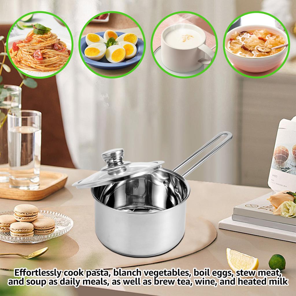 Cooking Pot 3 Quart Saucepan with Glass Lid Stainless Steel Milk Pan Safe Small Cooking Pot Uncoated Multipurpose Sauce Pan