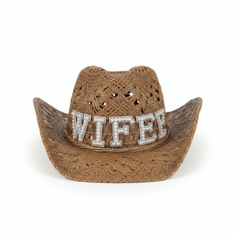 Rhinestone Letters Bride Wifey Cowboy Hat Crochet Breathable Western Cowboy Hat Hollow Cowgirl Hat For Wedding Bridal Party