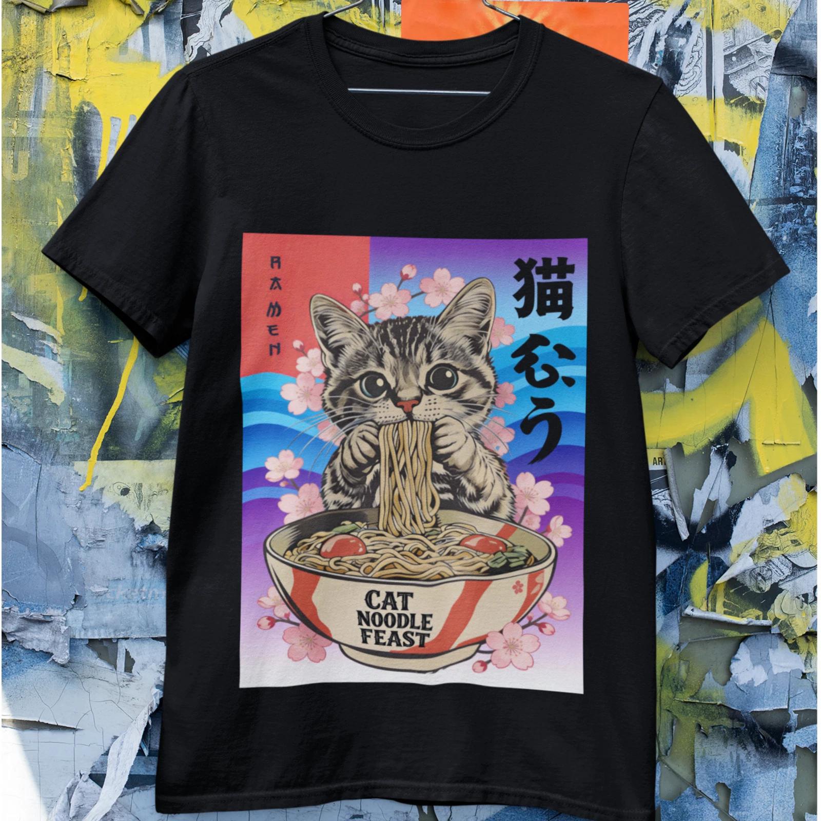 Cat Noodle Feast T-Shirt | Japanese Ramen Cat Graphic Tee Anime Style S