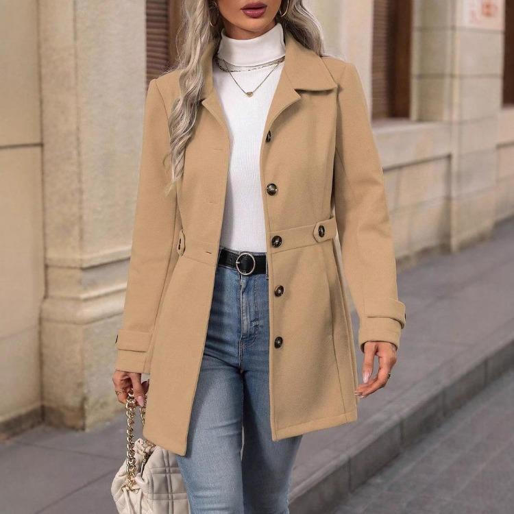 Elegant Slim Fit Woolen Coat Autumn Winter Tweed Outerwear Mid-Length Button Lapel Collar Durable Fashionable