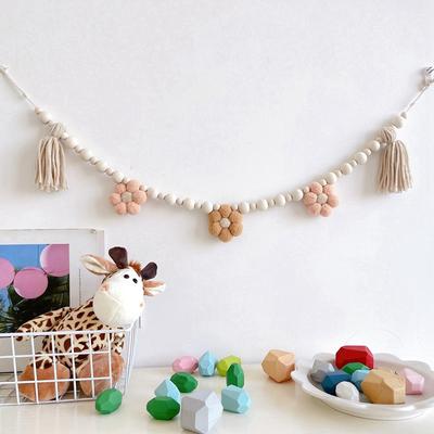 INS Hanging Wooden Beads Garland Boho Felt Daisy Tassel Wall Decoration Boho Baby Kids Room Decor Hanging Pendant Photo Props