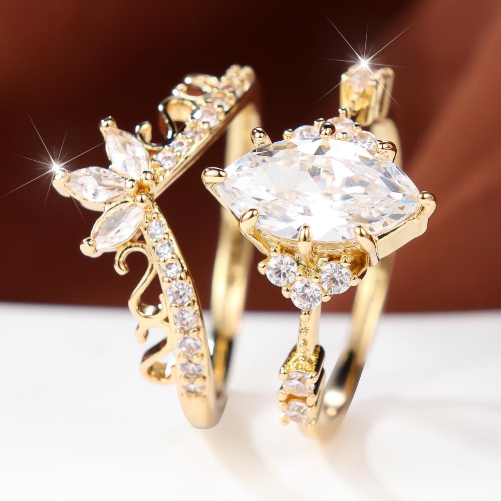 Stunning Gold Color Marquise Zircon Flower Ring Set for Women Daily Wear and Wedding