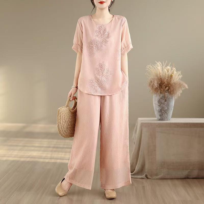 

Retro Embroidered Silk & Linen Women s Two-Piece Set: Artistic Loose Round Neck Shirt & Elastic Waist Wide-Leg Pants L