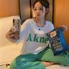 Women's Green Plaid Pajama Pants: Korean Style, Loose, Trendy, Printed, and Perfect for Casual Home Wear or Air Conditioning.