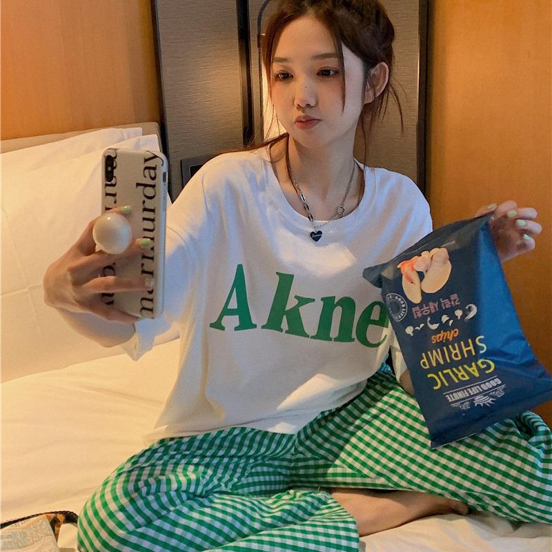 Women's Green Plaid Pajama Pants: Korean Style, Loose, Trendy, Printed, and Perfect for Casual Home Wear or Air Conditioning.