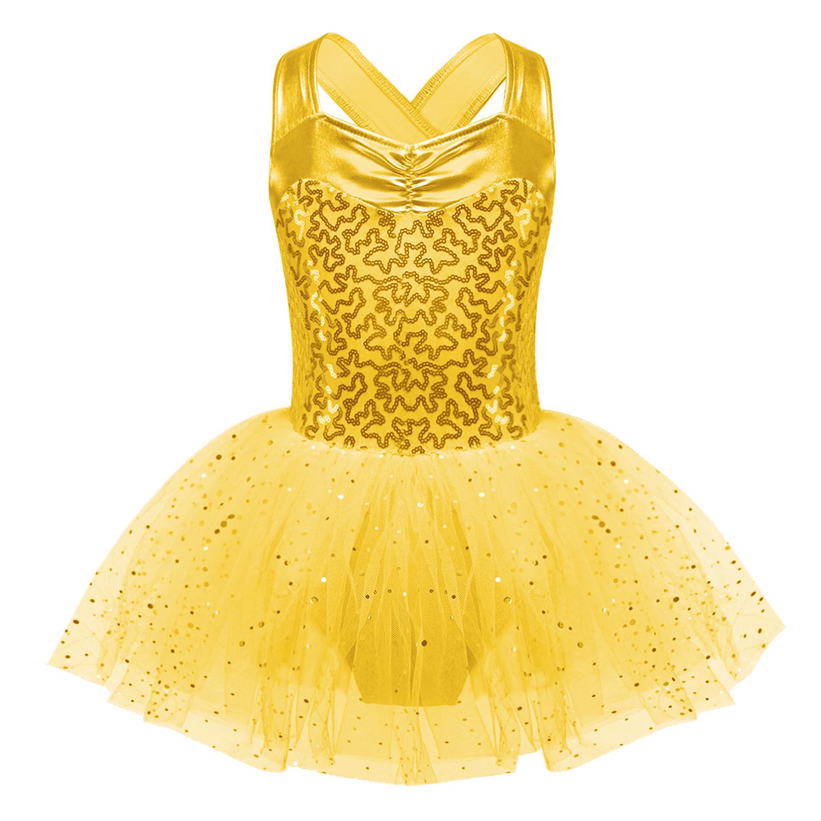 

Girls Sleeveless Dance Dress with Shiny Sequins Crisscross Back and Tutu Mesh Skirt 5-6 Years