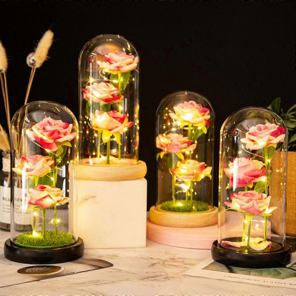 Pink Eternal Rose in Glass Dome with Wooden Base - LED Flower Gift for Christmas and Mother's Day