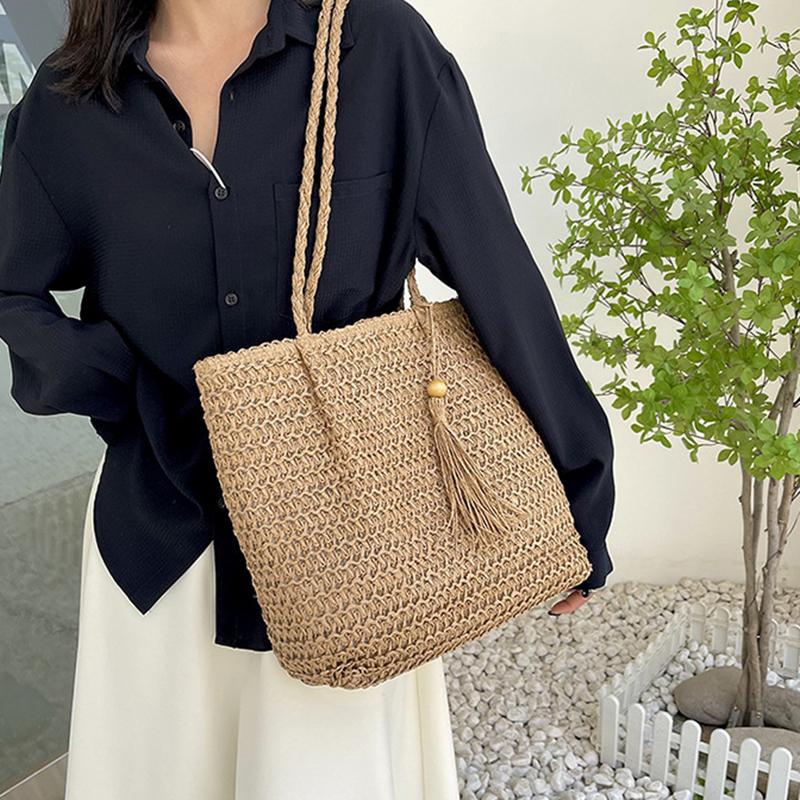 Yogodlns Women Hand Woven Tote Bag Solid Color Large Capacity Square Handbag Straw Shoulder Bag with Tassel Pendant
