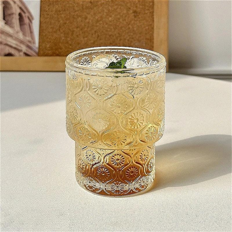 200ml Latte Coffee Cups Retro Sunflower Pattern Glass Cup Creative Wine Glass Transparent Juice Beverage Cups Drinking Glasses