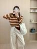 Autumn-Winter Wool Polo Collar Striped Sweater for Women
