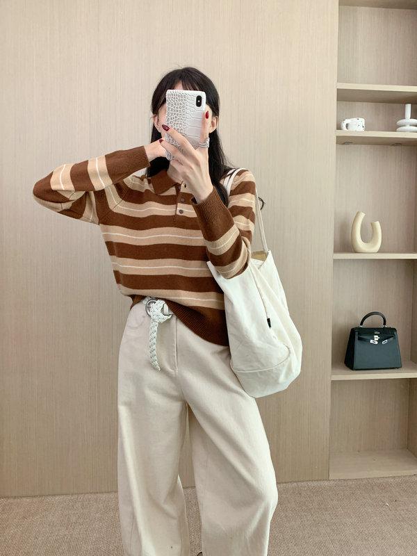 Autumn-Winter Wool Polo Collar Striped Sweater for Women