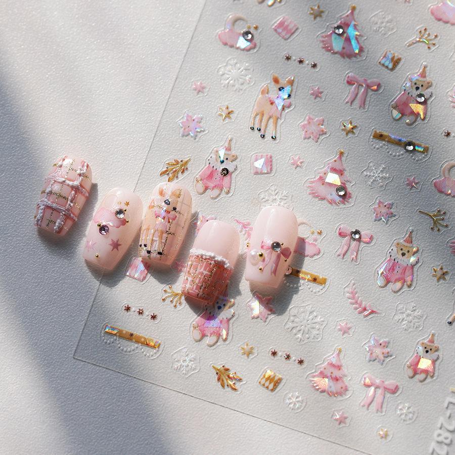 

TENSOR Рождественская серия Розовый медведь Самоклеящиеся наклейки для ногтей TL-282