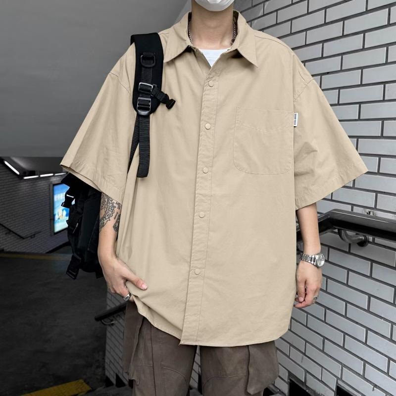 

Men Turn Down Collar Short Sleeve Shirt With Chest Pocket Loose Fit Casual Daily Tops M хаки