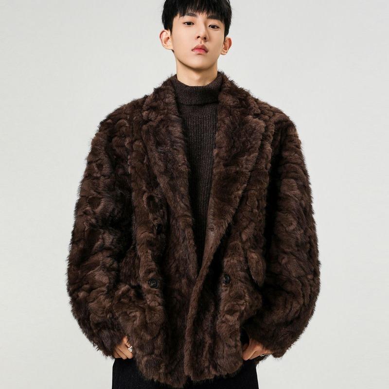Mens Faux Fur Coat Lapel Collar Fluffy Warm Jacket