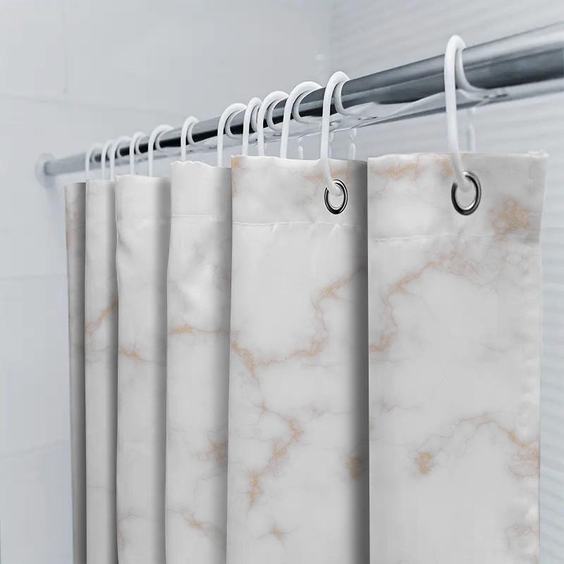 Luxury White Marble Shower Curtain Set For Bathroom Decor Modern Gold Accents Bath Mat And Hook Package Kit (200 X 180Cm)