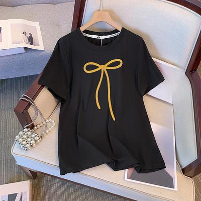 Plus Size Women's Thin Fashion Bow Print All Short Sleeve Simple Top
