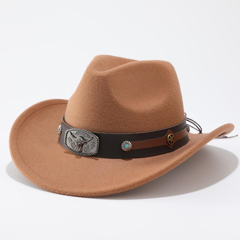 Western New Belt Minority Style Jazz Hat Men's and Women's Cowboy Hat Big Eaves Hat Woolen Top Hat