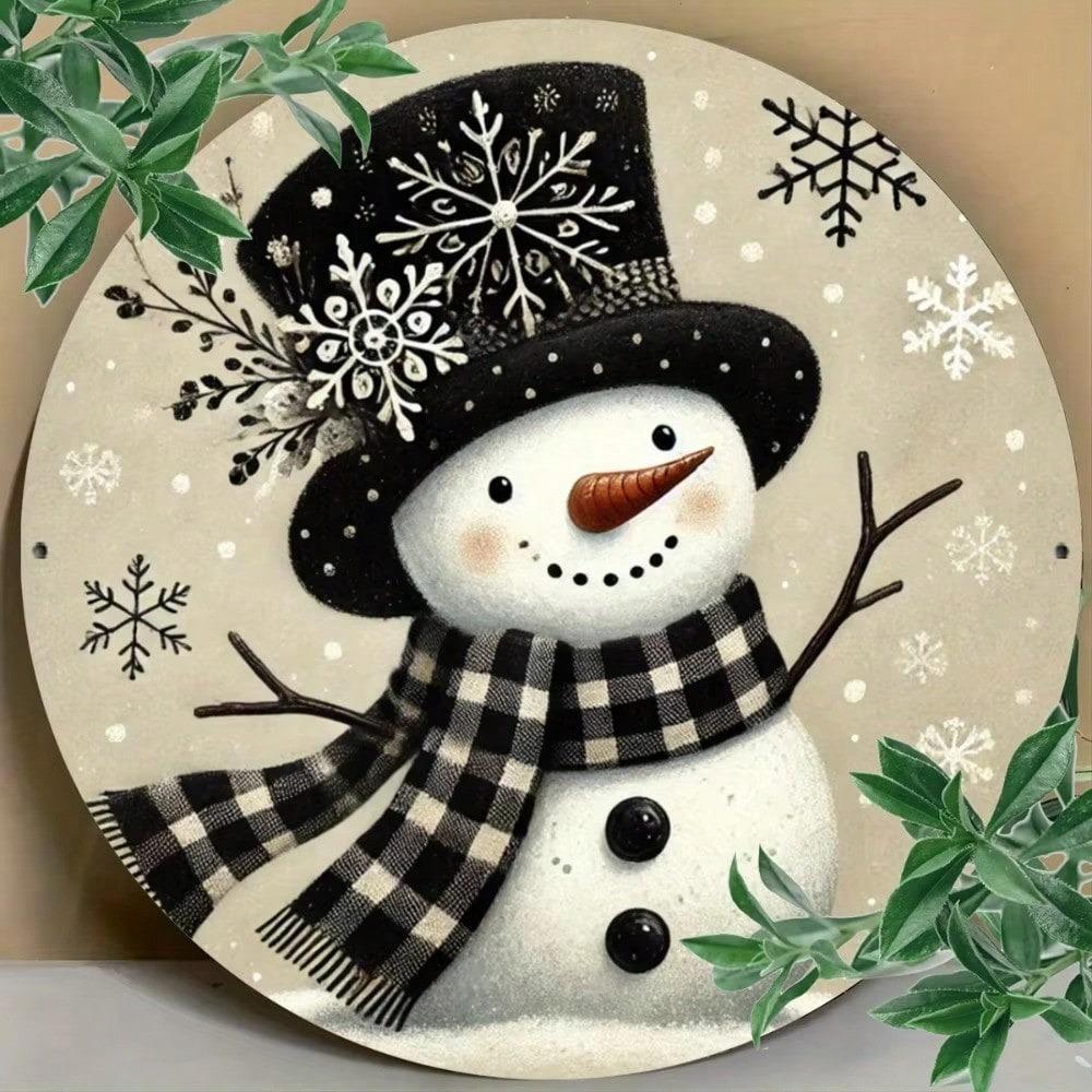 Christmas Snowman Metal Wall Art Rust Proof Decor 7.8 Inch Round Sign