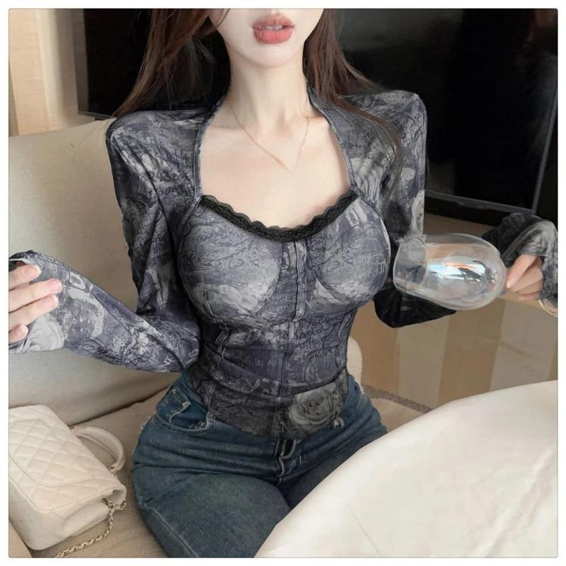 Frühling Y2k Ästhetische Tie-Dye Druck Tops Spitze Bodenbildung Crop Tops Streetwear Harajuku Frauen Vintage Sexy Grunge T-shirt Tees