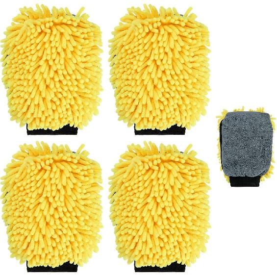 HARFINGTON 4pcs Chenille Microfiber Car Wash Mitts 9.8" x 7.9" Scratch Free Wash Gloves Absorbent Double Sided Plush Cleaning Drying Mitts for Car