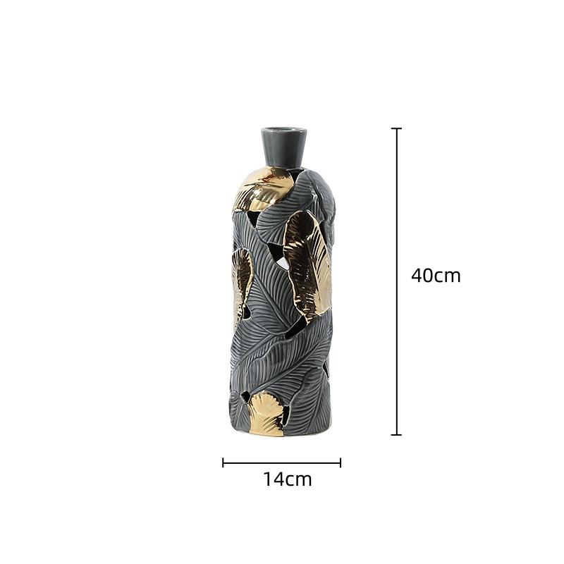 Ceramic Vase Creative Feather Shape Gray Gold Feather Pattern Flower Vase Porcelain Bottle Home Decoration Accessories