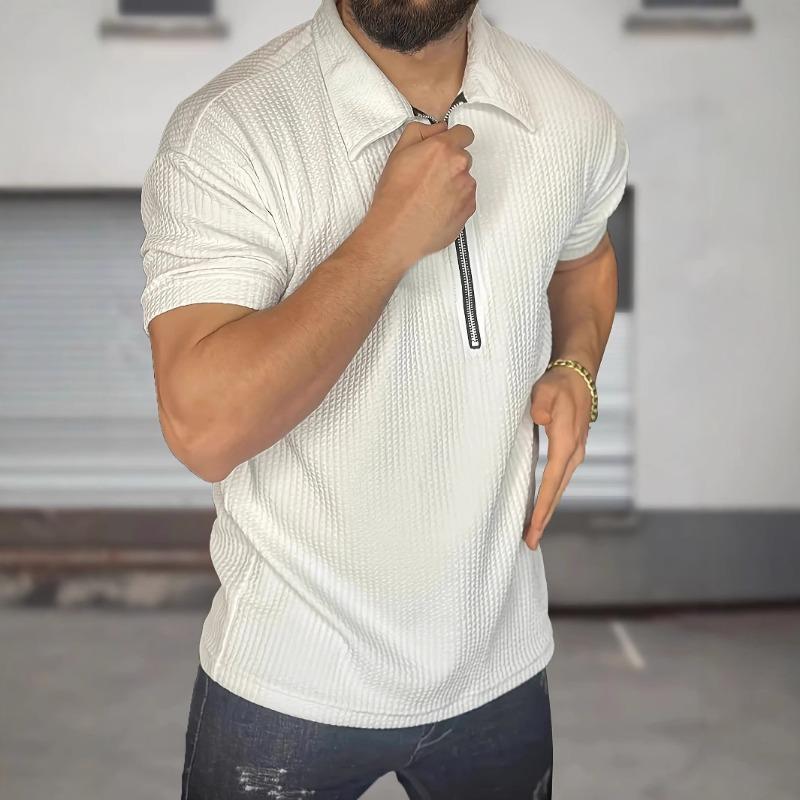 Mens Casual Solid Color Textured Half Zip Short Sleeve Polo Shirt S белый