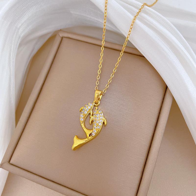 Voller Diamant Dreidimensionaler Delfin Leichter Luxus Temperament Wunderschöne Voll-Diamant-Halskette Damen Vielseitig Schlüsselbein-Kette Titanstahl-Kette