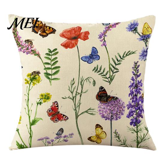 Cotton Linen Pillowcase Floral Cushion Cover, 18x18 Inch Decorative Throw Pillow Cover with Hidden Zipper, Breathable Plant Insect Flower Patterns,