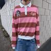 Pink Brown Striped Polo Long Sleeved Lapel Half Open Button Top