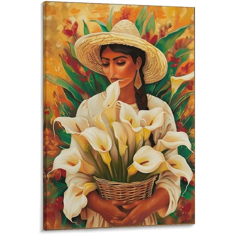 Traditional Mexican Folk Art Oil Painting Canvas Print Calla Lily And Woman Print Poster Latin Art1 Canvas Painting Wall Art Poster for Bedroom 08x12inch(20x30cm)
