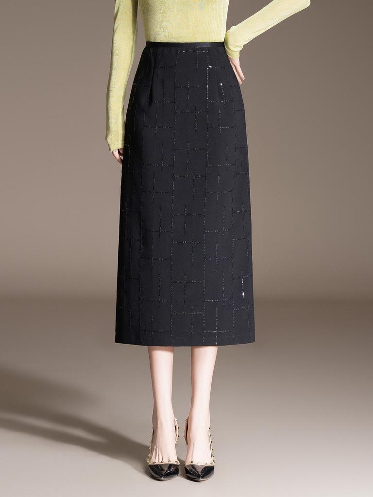 Spring 2026 Black Sequin Slim Bodycon High Waist Midi Pencil Skirt