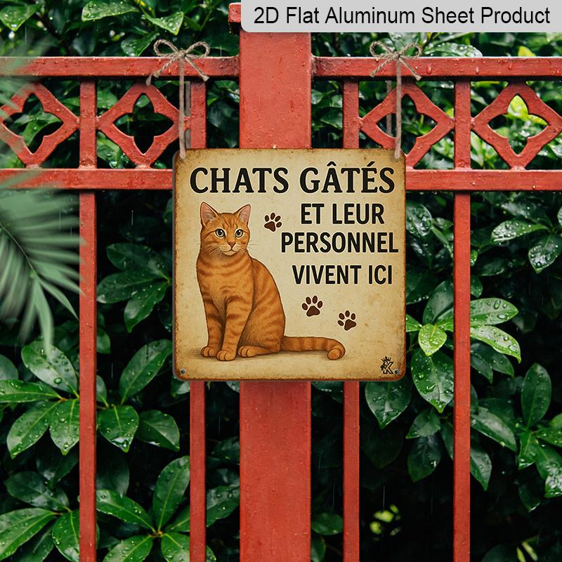 2D Flat, 1pc, Cat Lover Decor, Funny Cat Sign, Vintage Aluminium Sign, Home Wall Art, Spoiled Cats and Their Staff Live Here, Rustic Farmhouse
