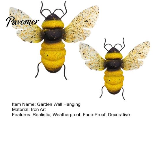 Metal Bee Wall Art 2PCS 3D Decor, Iron Sculpture Hanging Theme Garden Gift Ornament, Weatherproof Outdoor Decor for Patio Yard Fence Insect