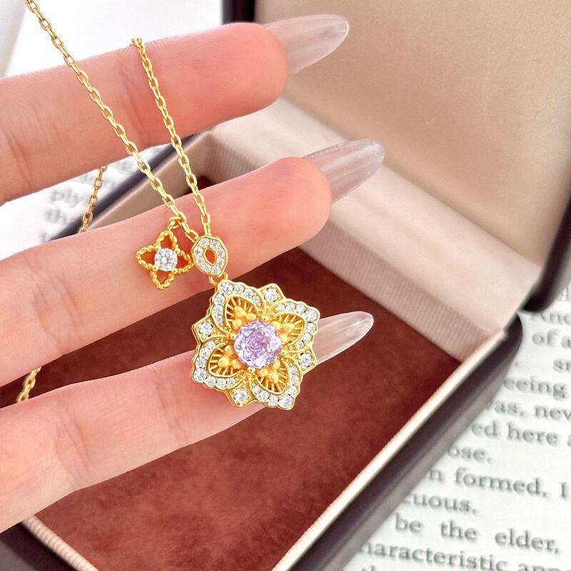 Vintage Purple Violet Rose Filigree Pendant Necklace With Four-Leaf Clover Charm Women Elegant Layered Sweater Chain Gold