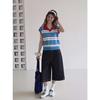 Korean small fresh contrasting color striped Polo collar top women's summer design sense embroidered age-reducing small fly-sleeved knitted sweater