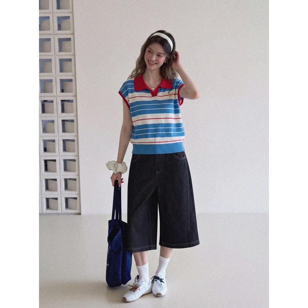 Korean small fresh contrasting color striped Polo collar top women's summer design sense embroidered age-reducing small fly-sleeved knitted sweater