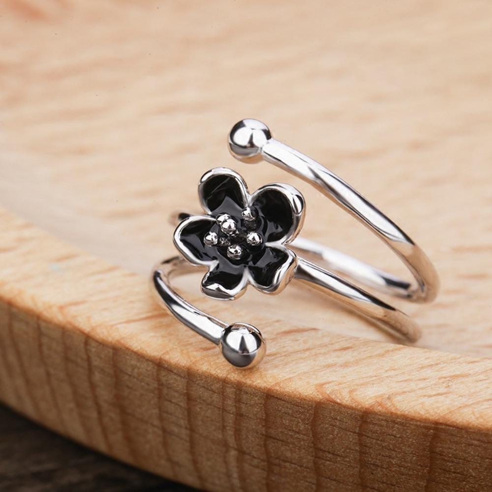 Open Ring S925 Silver Plated Black Flower Adjustable Romantic Love Ring Creative Gift for Women Students