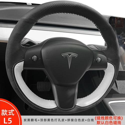 Hand Stitched black white Genuine Leather suede car Steering Wheel Cover For Tesla Model 3 2015-2021 Model Y 2019-2021