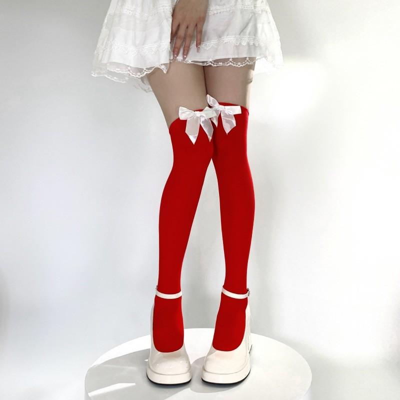Women's Lace Trim Erotic Silk Thigh-High Stockings with Bow