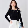 2026 Women's Black Off-the-Shoulder Long-Sleeve Knit Sweater – Diagonal Slimming Design