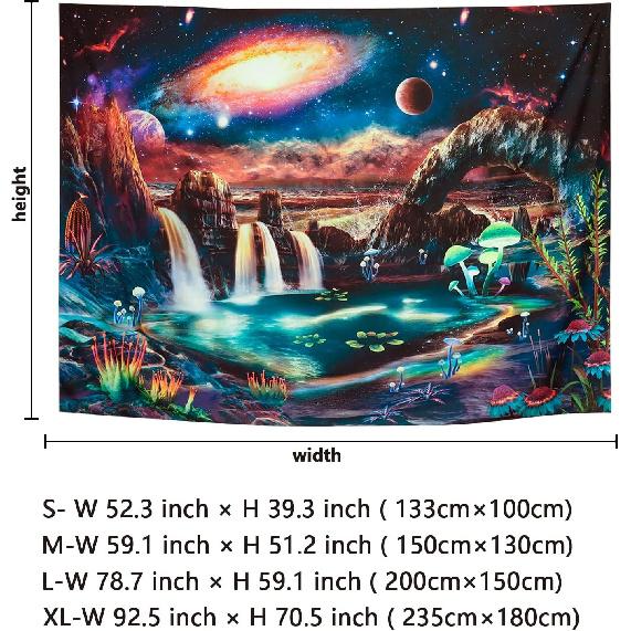 Lahasbja Blacklight Galaxy Planet Tapestry UV Reactive Waterfall Landscape Tapestry Mountain Wave Wall Tapestries Neon Nebula Plants Wall Hanging for