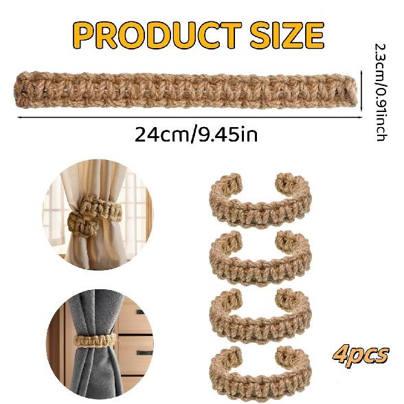 4 Pack Braided Curtain Tiebacks, Farmhouse Boho Rustic Holdbacks, Handmade Decor Accessories for Home Office Bedroom Window Drapes (4, Natural)