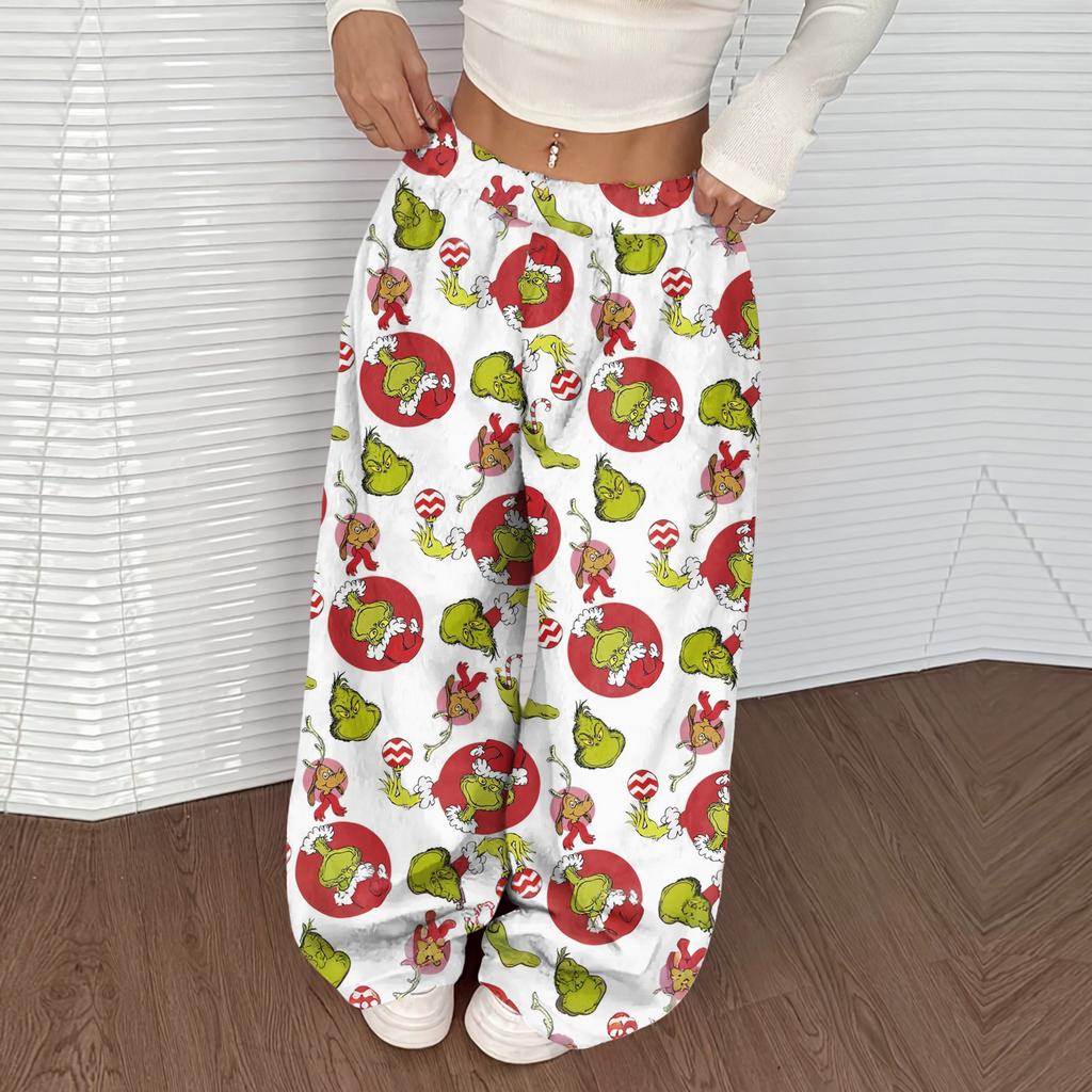 Women's Casual Christmas Print Elastic Waist Loose Fit With Plush Wide Leg Pants