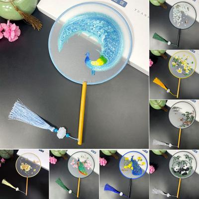 Chinese Embroidered Round Fan Peacocks Flower Panda Bamboo Vintage Hand Fan Double-Sided Embroidery Ancient-Style Palace Fan with Tassel